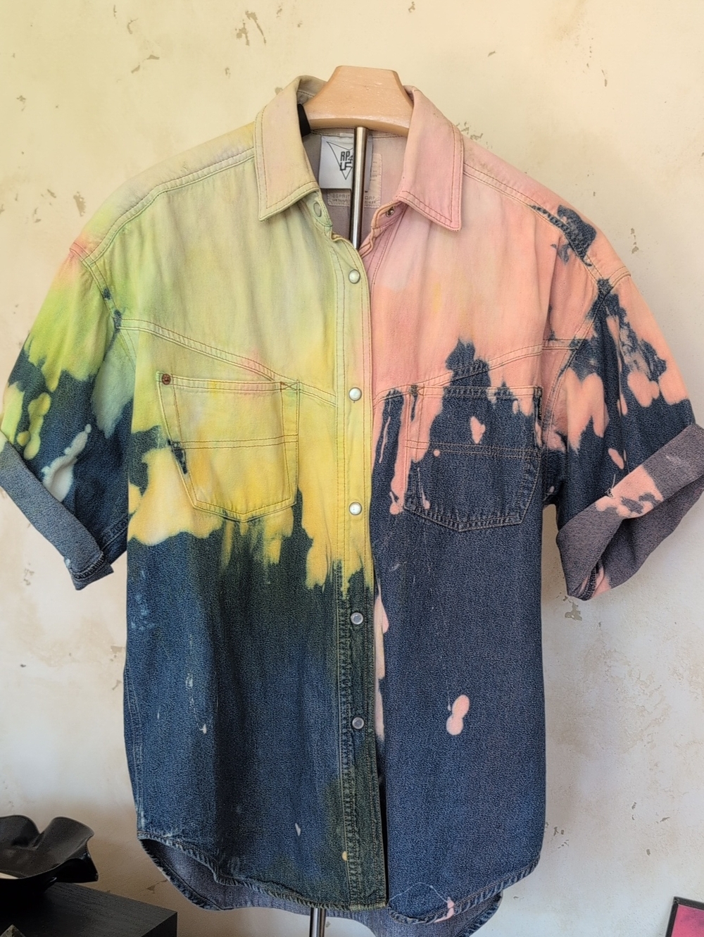 DIstressed Bleached OOAK Tie-Dye Denim Button-Up Shirt — Pink, Yellow, Green